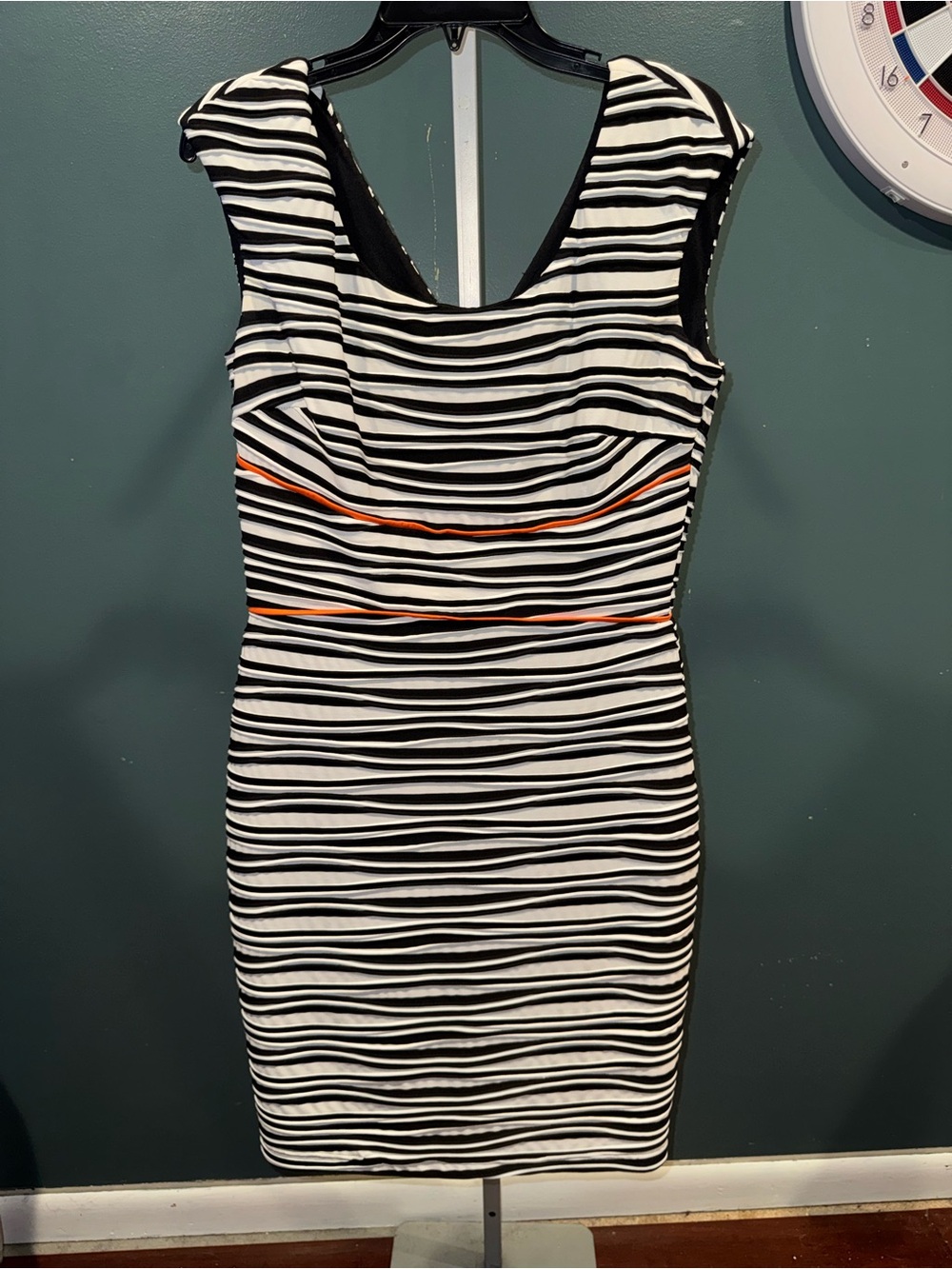 Donna Ricco Black & White Striped Midi Dress with Orange Trim